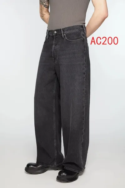 Acne Studios Pinstripe Wide-Leg Trousers with Denim Waistband Black Pants - 24