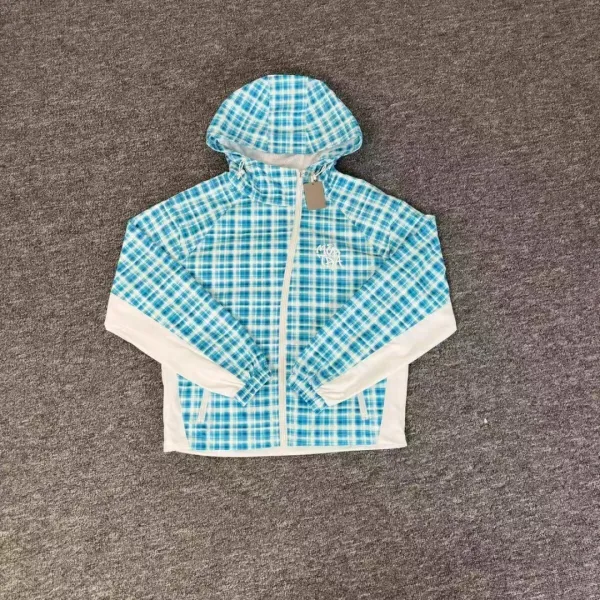 Design Plaid Hooded Windbreaker Jacket in Blue and White Outerwear.windbreaker - 1