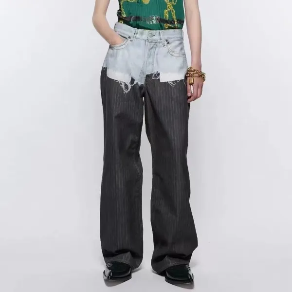 Acne Studios Pinstripe Wide-Leg Trousers with Denim Waistband Black Pants - 18