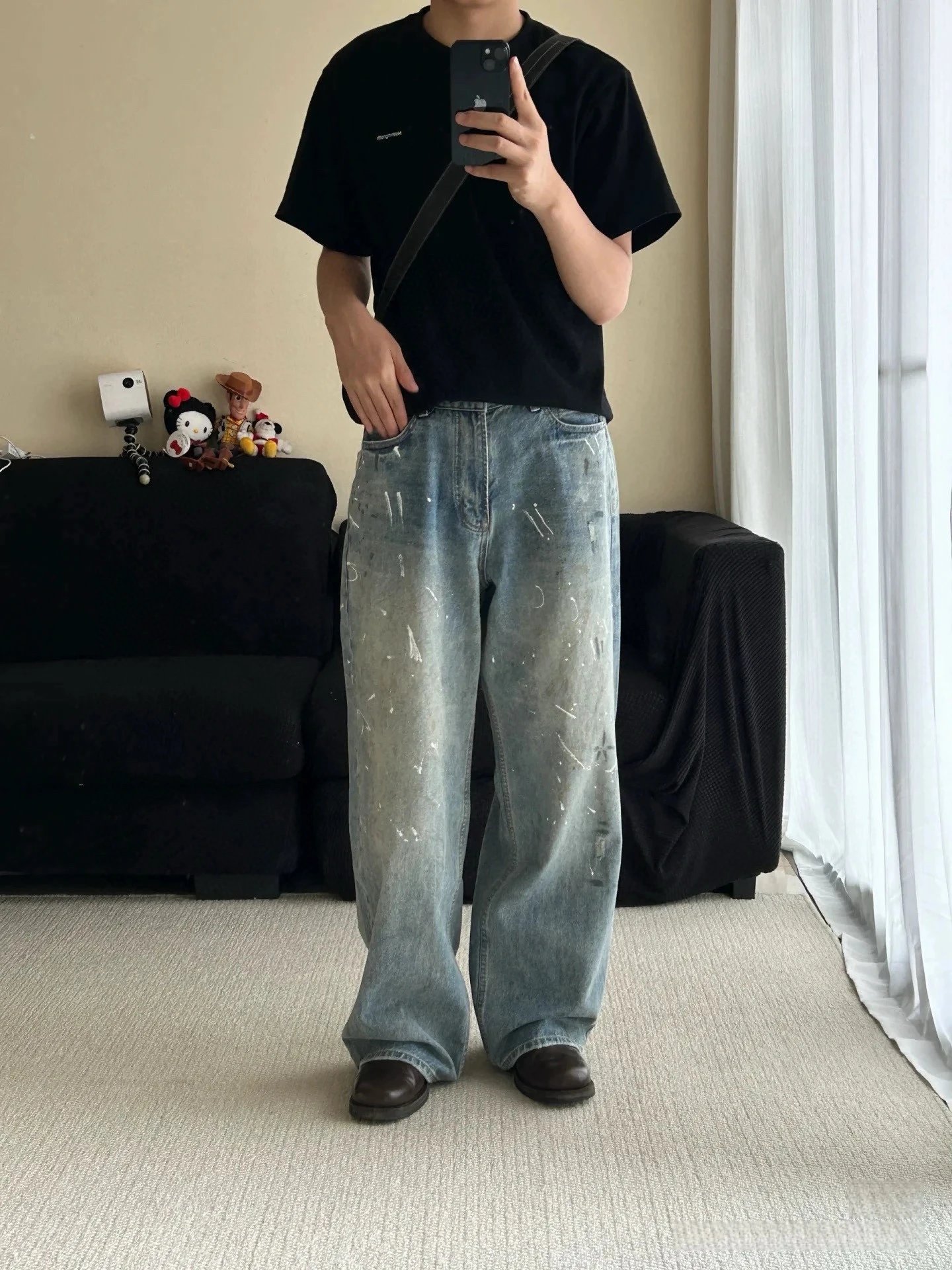 Acne Studios Pinstripe Wide-Leg Trousers with Denim Waistband Black Pants - 30