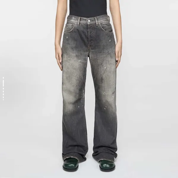 Acne Studios Pinstripe Wide-Leg Trousers with Denim Waistband Black Pants - 31