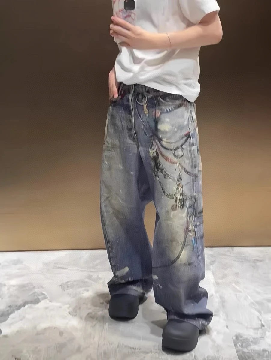 Acne Studios Pinstripe Wide-Leg Trousers with Denim Waistband Black Pants - 34