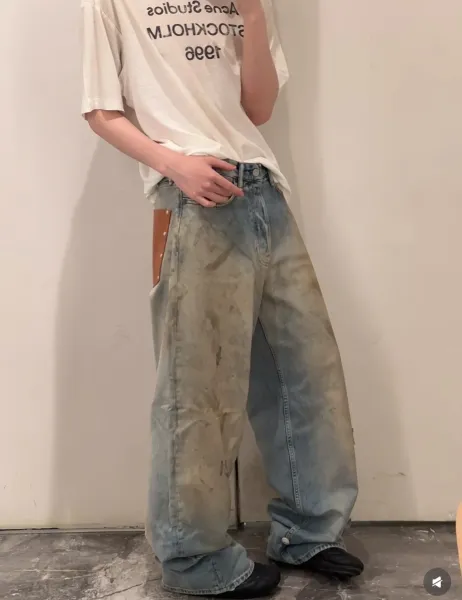 Acne Studios Pinstripe Wide-Leg Trousers with Denim Waistband Black Pants - 35