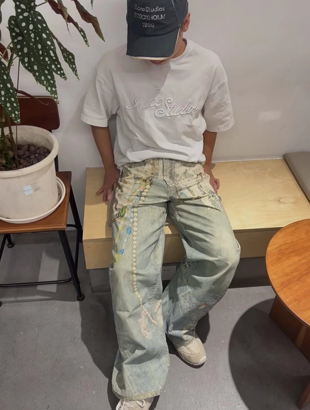 Acne Studios Pinstripe Wide-Leg Trousers with Denim Waistband Black Pants - 36
