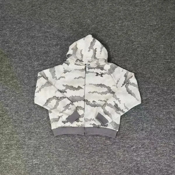 Design Hexagonal Camo Zip-Up Hoodie White Gray - 1
