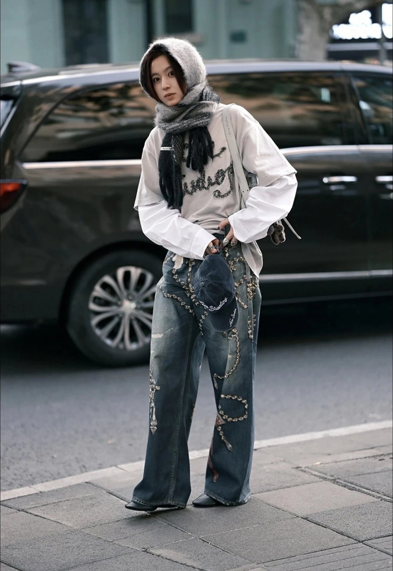 Acne Studios Pinstripe Wide-Leg Trousers with Denim Waistband Black Pants - 25