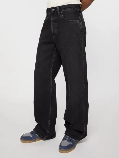 Acne Studios Pinstripe Wide-Leg Trousers with Denim Waistband Black Pants - 27