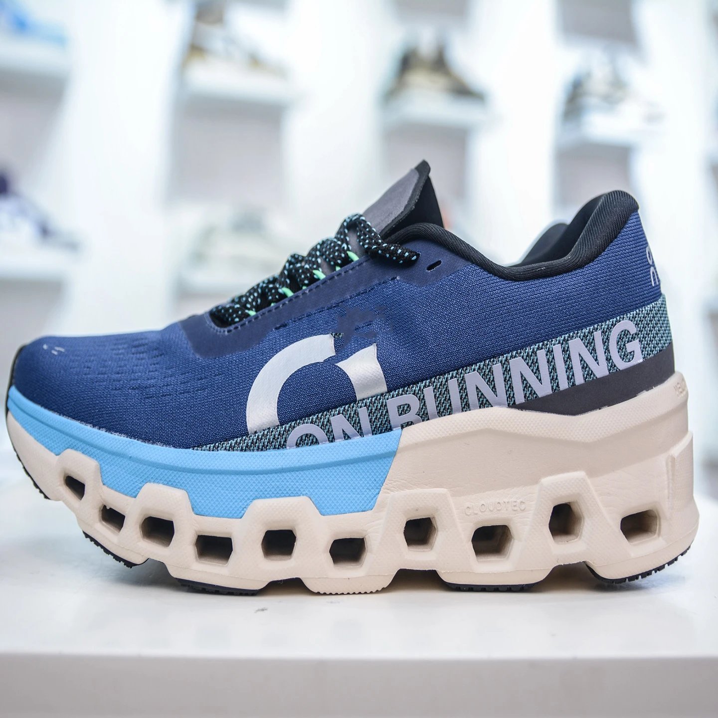 On Cloudmonster Running Shoes Navy Blue with Light Blue and Beige - 1