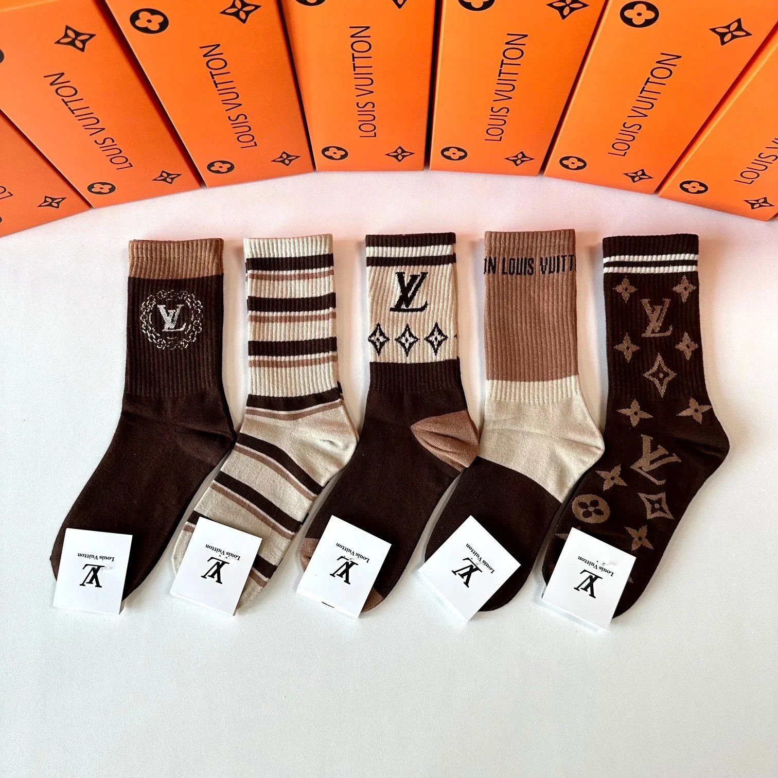 Louis Vuitton Logo-Embroidered Crew Socks in Black, Beige, Gray, and White - 12