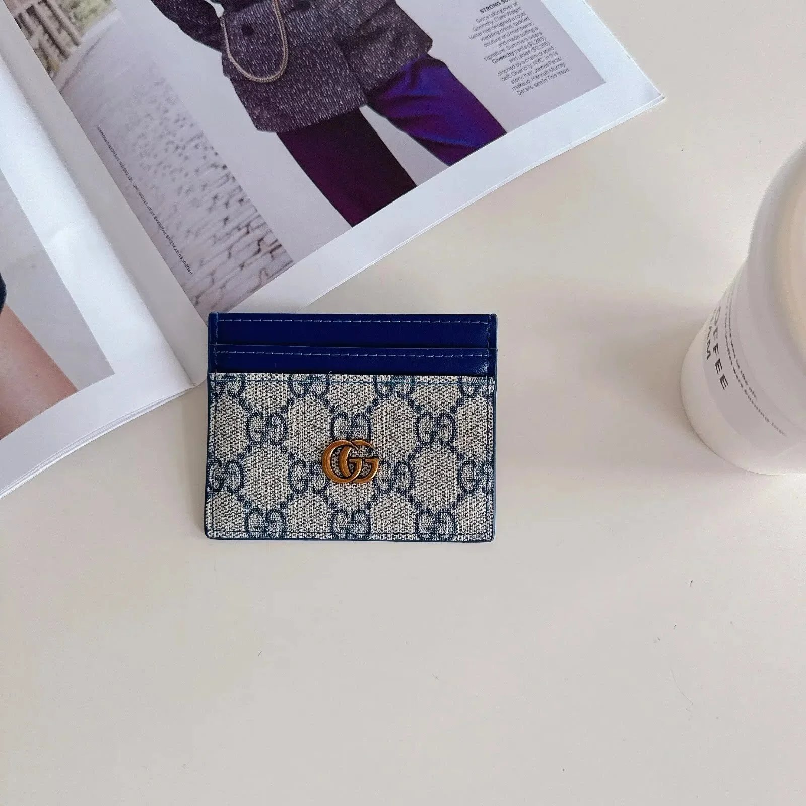 Gucci GG Marmont Card Holder Beige and Brown Canvas Wallet - 44