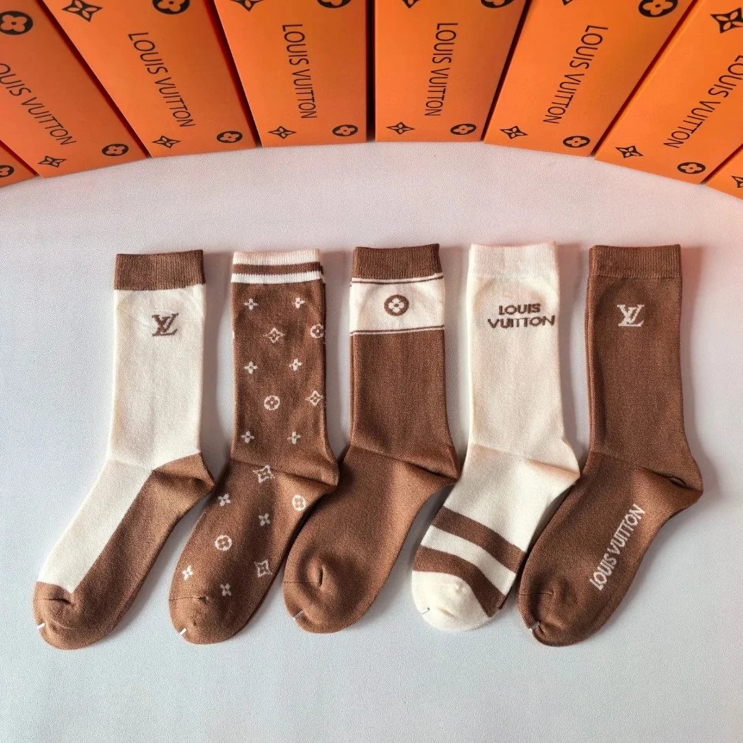Louis Vuitton Logo-Embroidered Crew Socks in Black, Beige, Gray, and White - 13