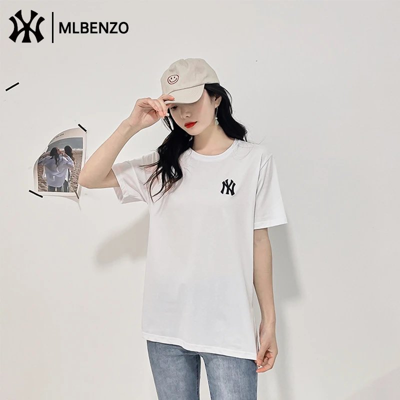 MLB & NY Summer Couples New Short Sleeve T-Shirt Men Women American Style Loose Solid Color Embroidered Ice Silk Cotton Crew Neck Top