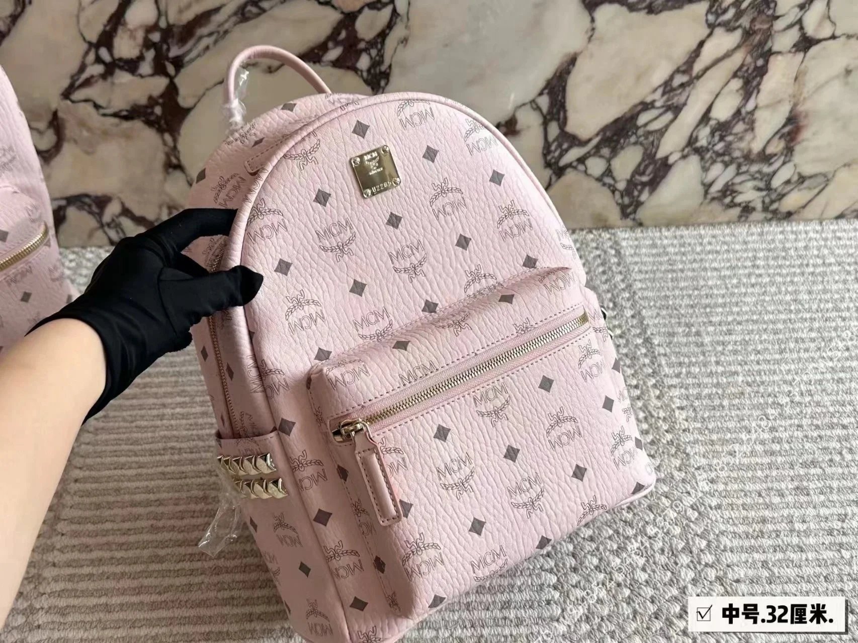 MCM Backpacks Visetos logo-print studded backpack — Pink 32*26CM