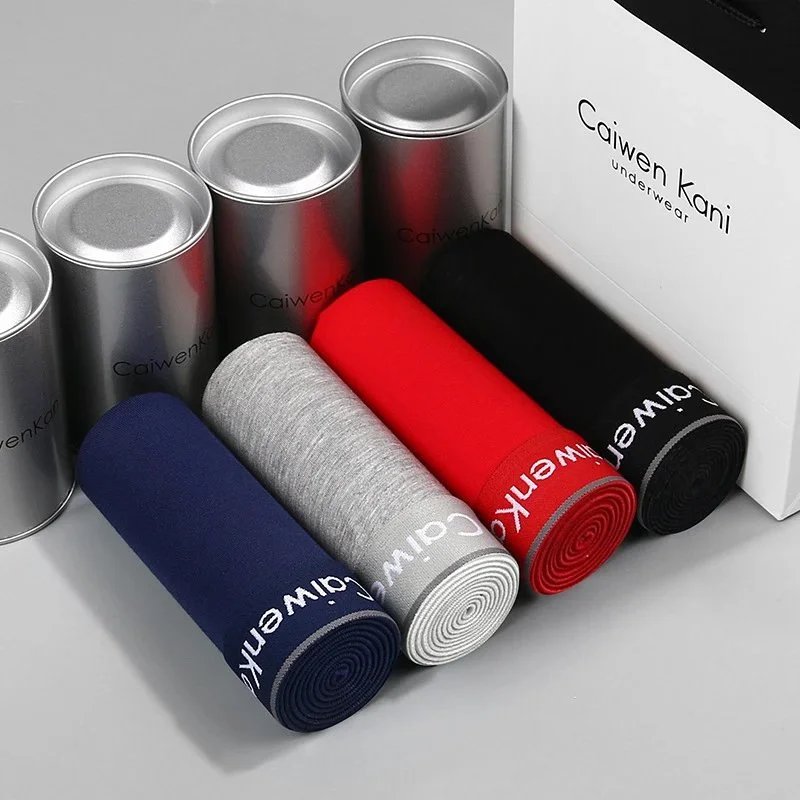 CaiwenKani Underwear Men's stretch cotton boxer briefs, 4-pack gift box — High-end silver cans: black, gray, blue, red