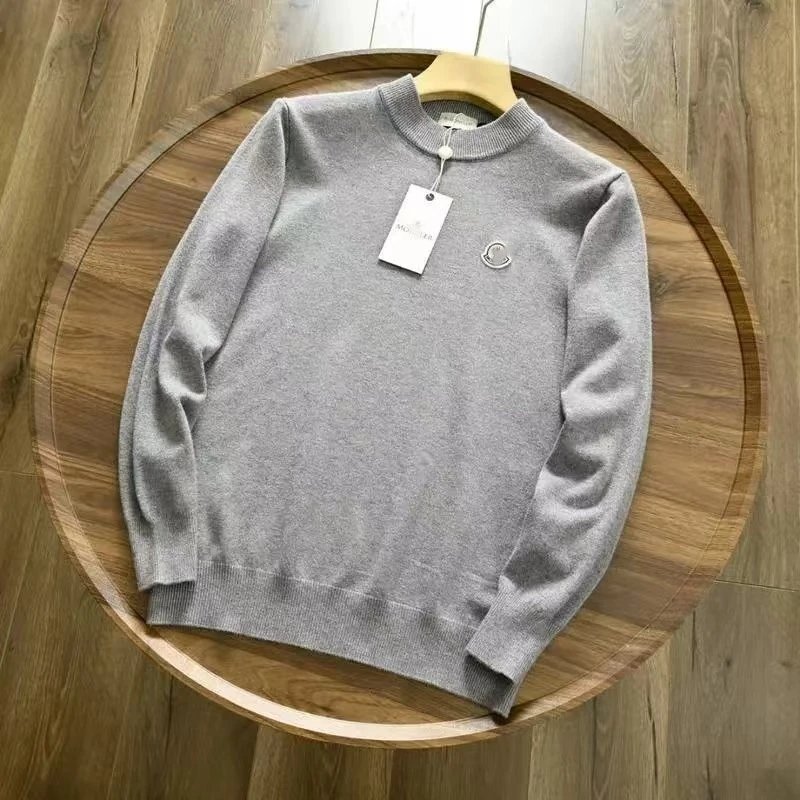 Moncler Knitwear Crewneck knit sweater with logo patch — light gray sweater