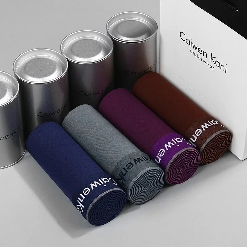 CaiwenKani Underwear Men's stretch cotton boxer briefs, 4-pack gift box — High-end silver cans: blue, medium gray, purple, brown