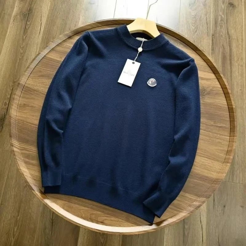 Moncler Knitwear Crewneck knit sweater with logo patch — Navy blue sweater