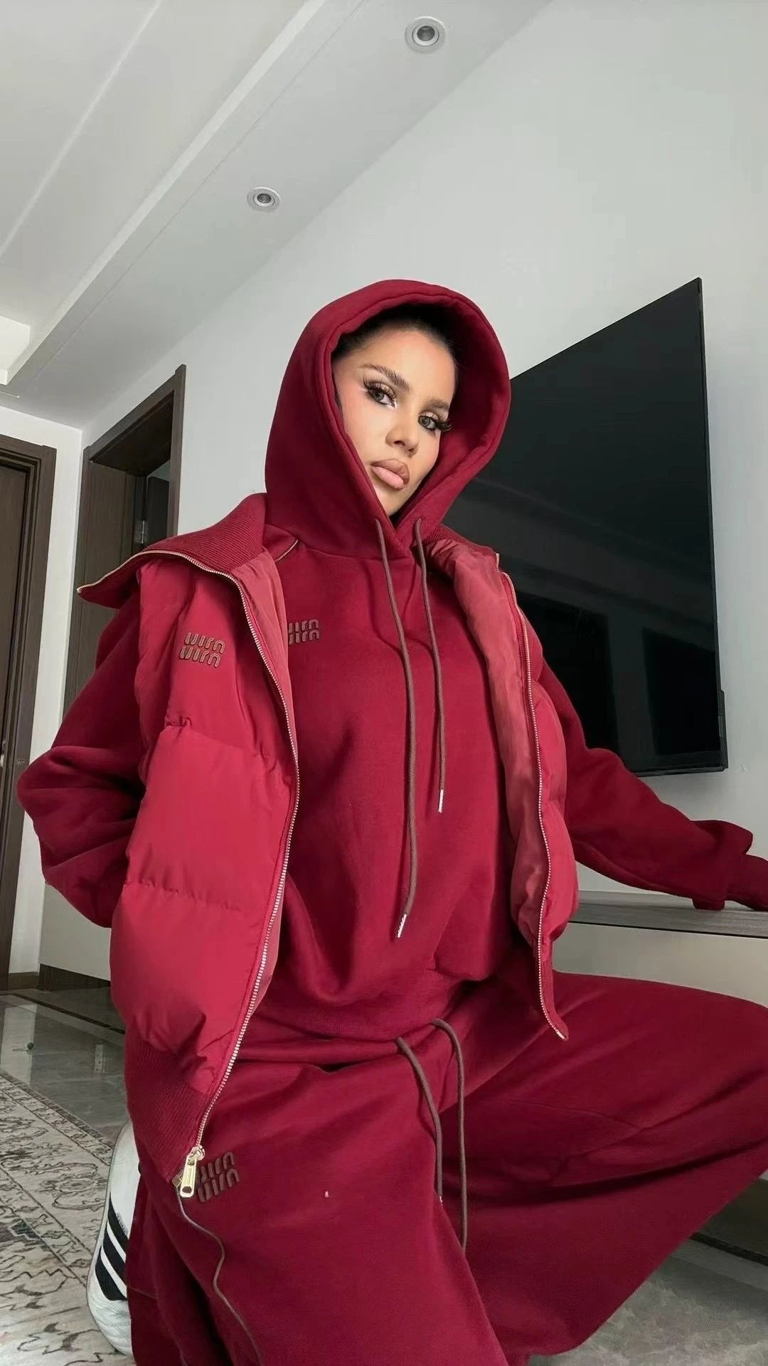 Miu Matching Sets Three-piece set with padded zip vest, hooded sweatshirt and wide-leg trousers — Three-piece set -5