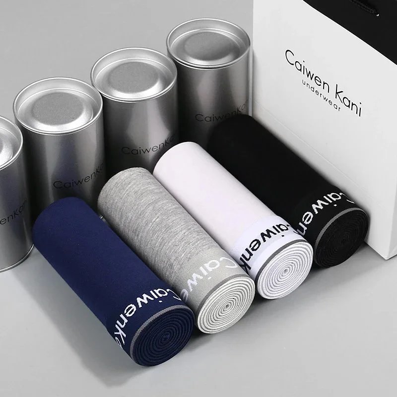 CaiwenKani Underwear Men's stretch cotton boxer briefs, 4-pack gift box — High-end silver cans: black, gray, white, blue