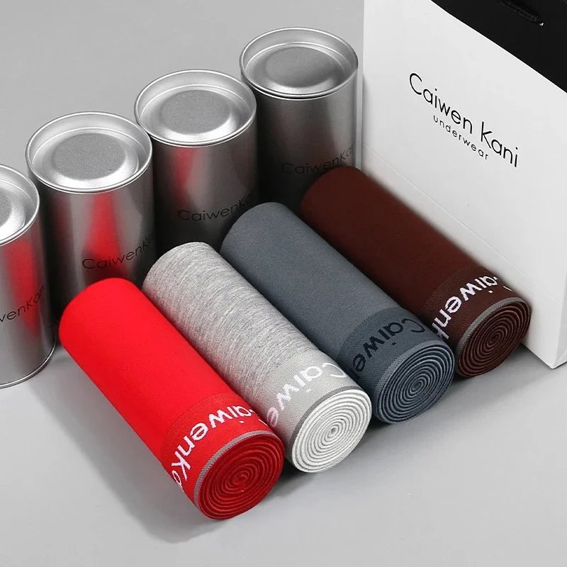 CaiwenKani Underwear Men's stretch cotton boxer briefs, 4-pack gift box — High-end silver cans: gray, medium gray, brown, red