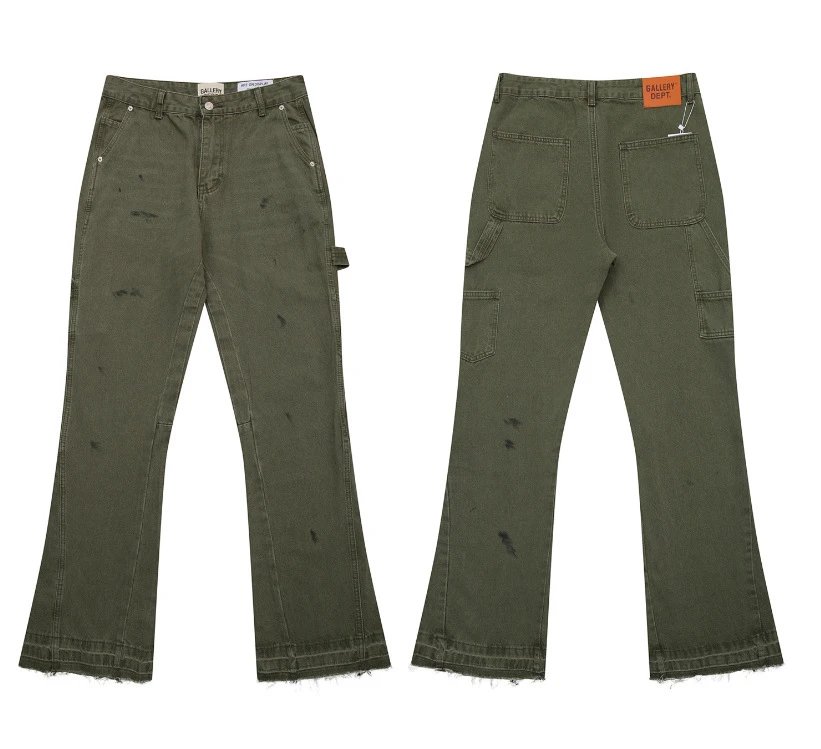 Gallery Dept. Jeans Flared with distressed and patchwork designs — 637 Olive Green
