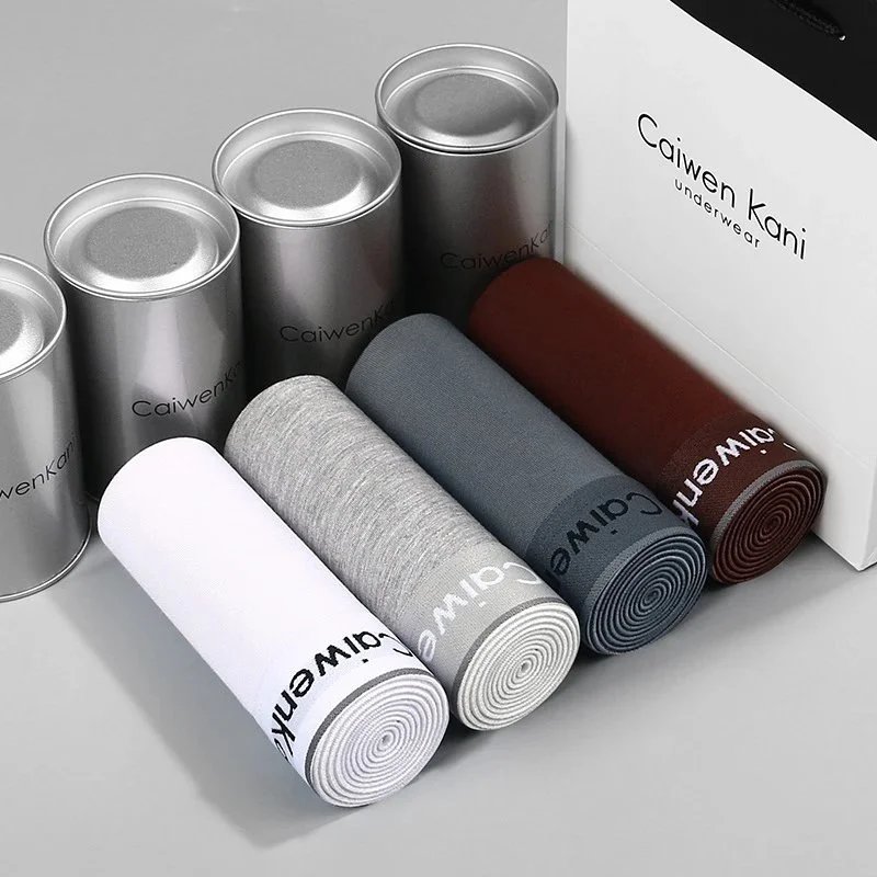 CaiwenKani Underwear Men's stretch cotton boxer briefs, 4-pack gift box — High-end silver cans: gray, white, medium gray, brown