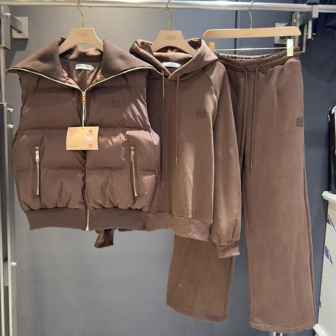 Miu Matching Sets Three-piece set with padded zip vest, hooded sweatshirt and wide-leg trousers — Three-piece set -3