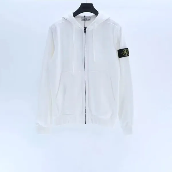 Stone Island White Zip-Up Hoodie with Compass Logo Patch - 1