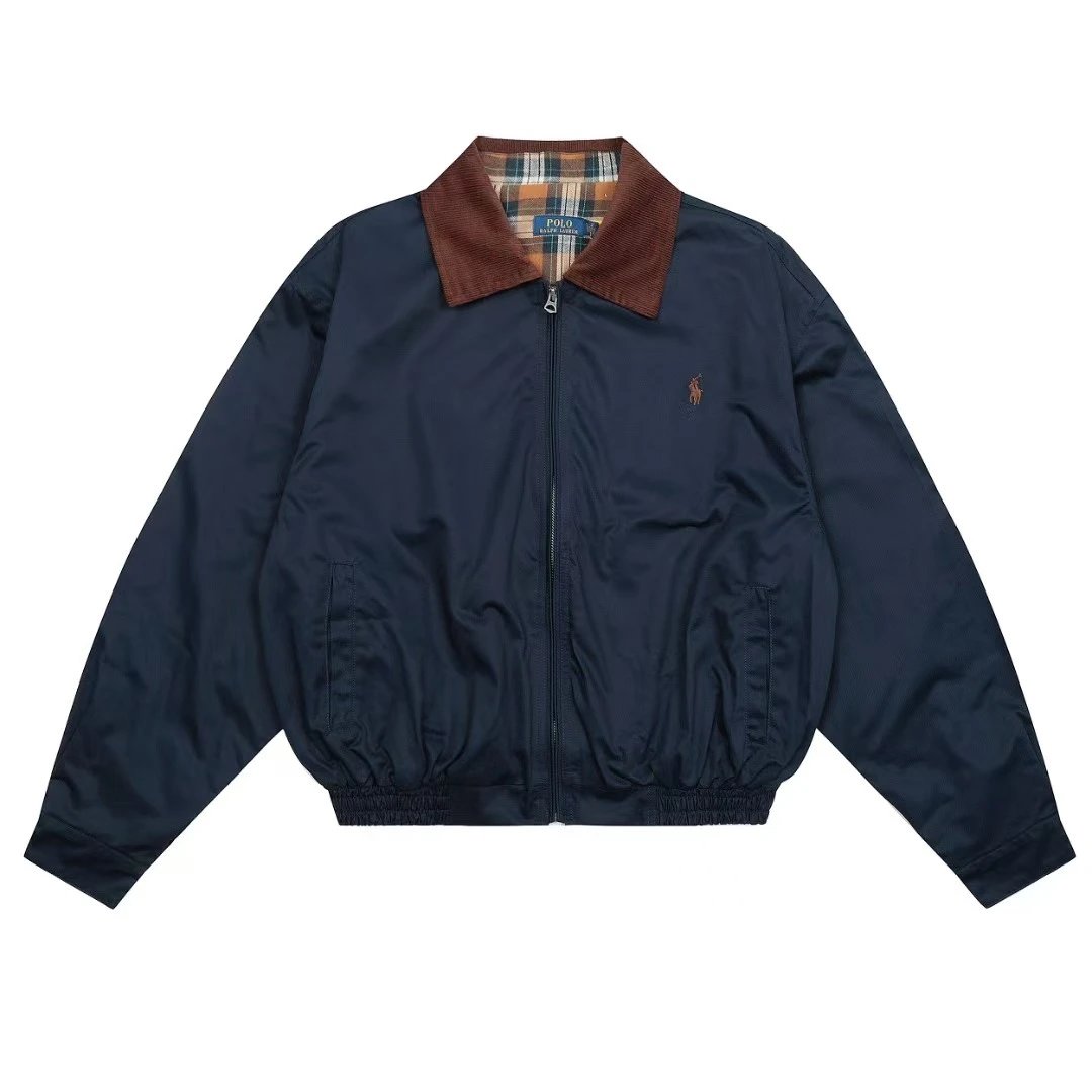 Polo Ralph Lauren Jackets Reversible Plaid-Lined Zip Jacket — Navy blue corduroy lapel
