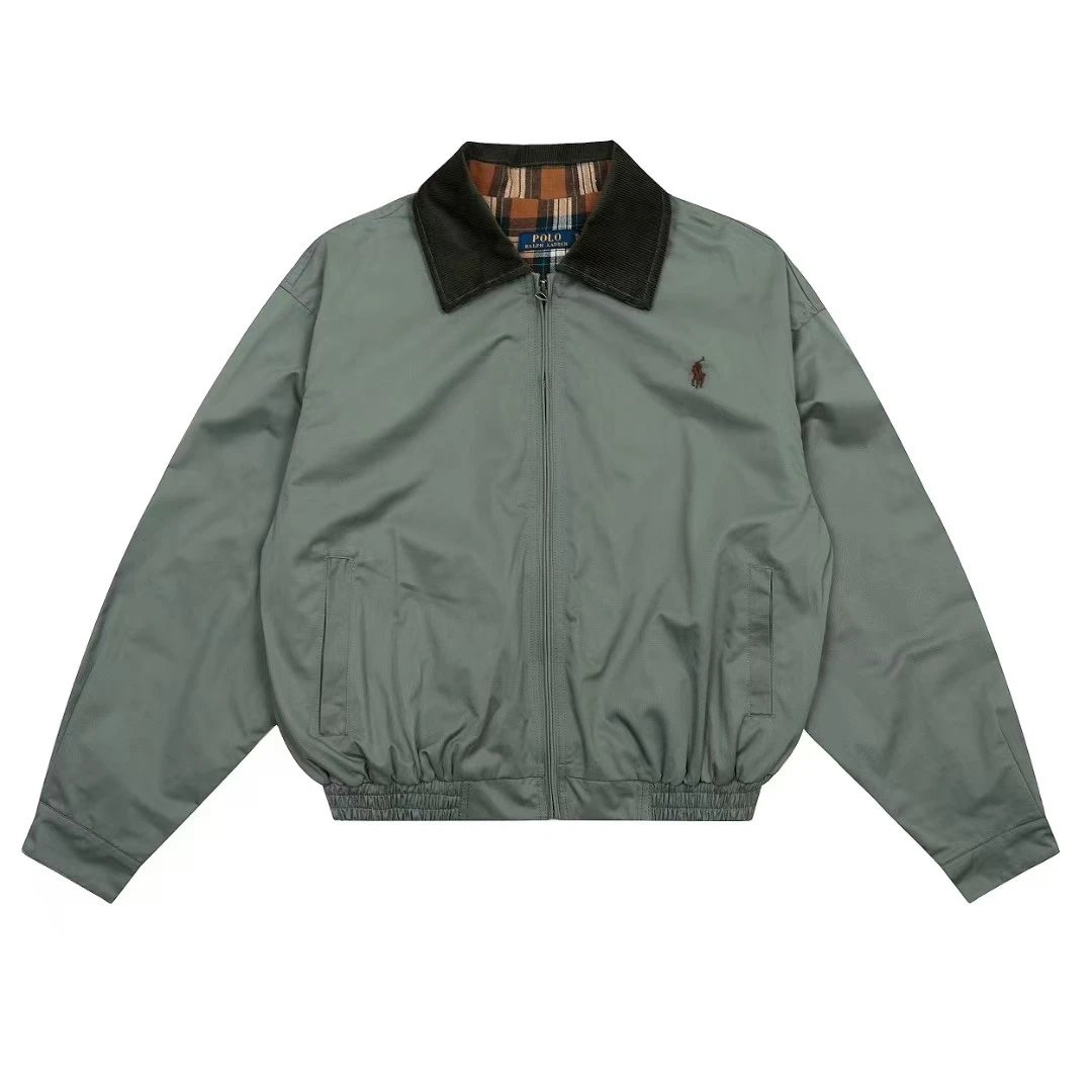 Polo Ralph Lauren Jackets Reversible Plaid-Lined Zip Jacket — Corduroy lapel in gray-green