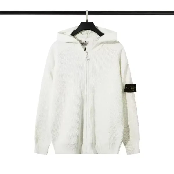 Stone Island Ribbed Knit Zip-Up Hoodie White - 1