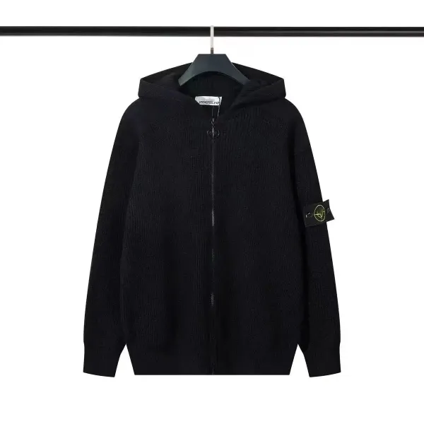 Stone Island Knit Hooded Zip-Up Sweater Black - 1