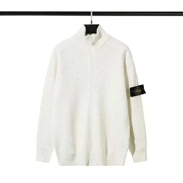 Stone Island Zip-Up Ribbed Knit Sweater White - 1