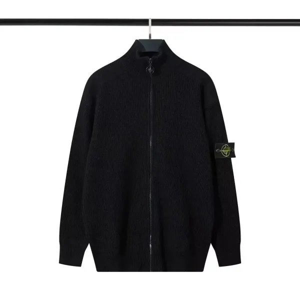 Stone Island Ribbed Zip-Up Knit Cardigan Black - 1