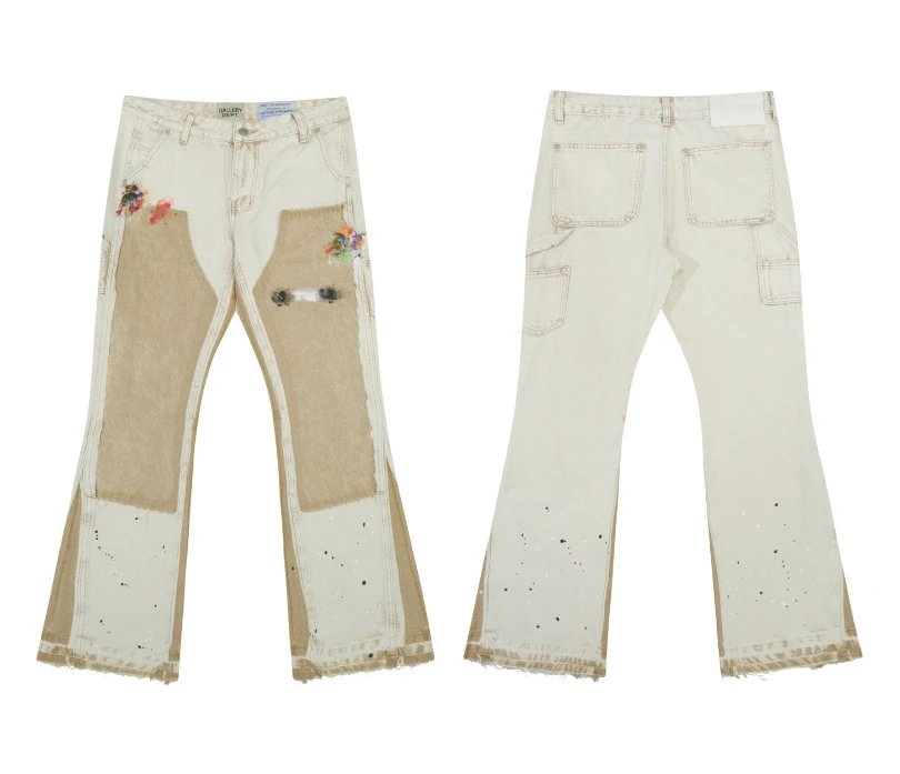 Gallery Dept. Jeans Flared with distressed and patchwork designs — 653 Khaki
