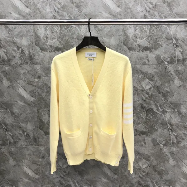 Thom Browne 4-Bar Stripe V-Neck Cardigan Yellow Knit Cardigan - 1