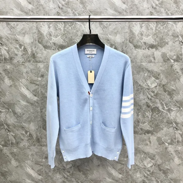 Thom Browne V-Neck Cardigan Light Blue with Four-Bar Stripe Sleeve Outerwear.cardigan - 1