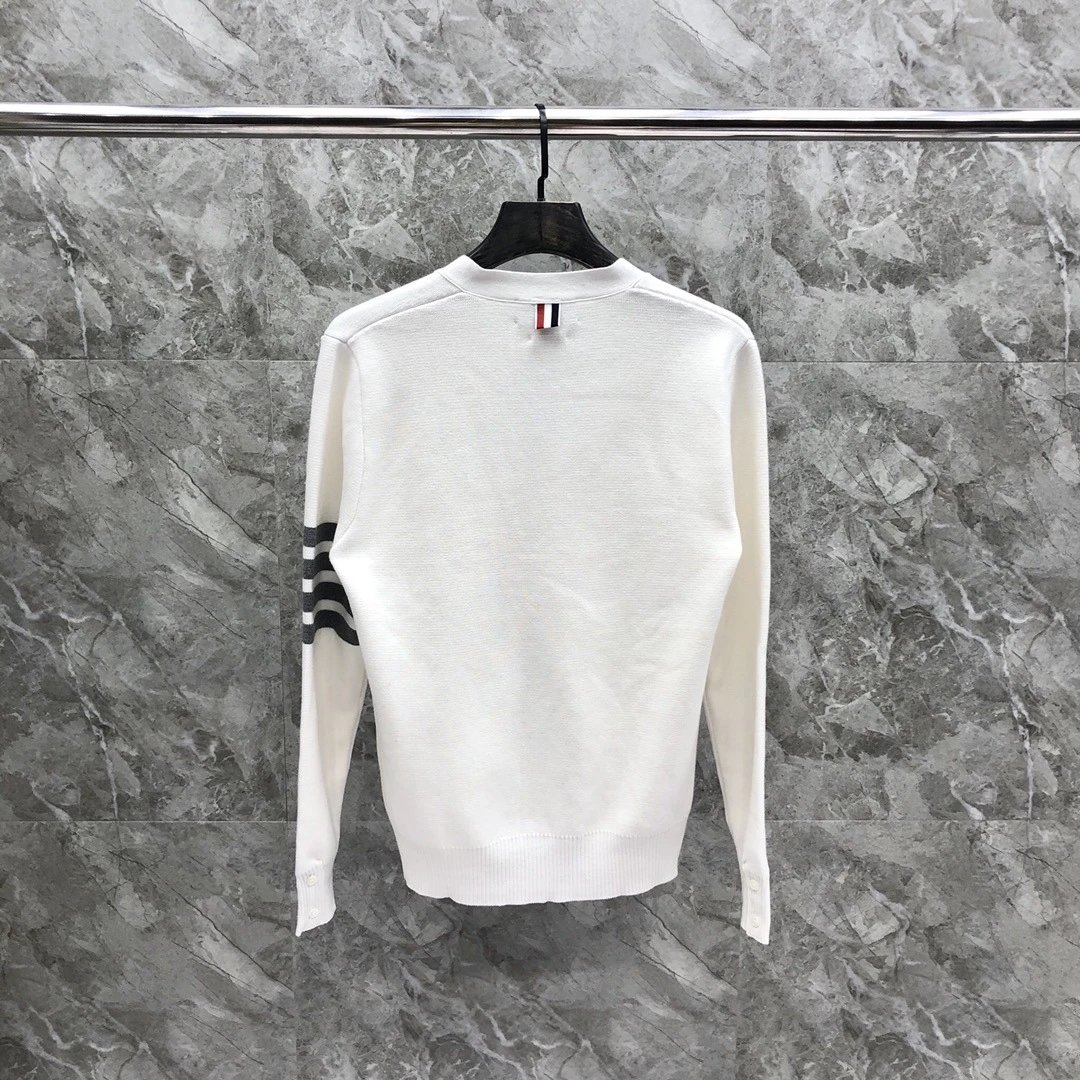 Thom Browne 4-Bar Stripe White Cardigan - 4