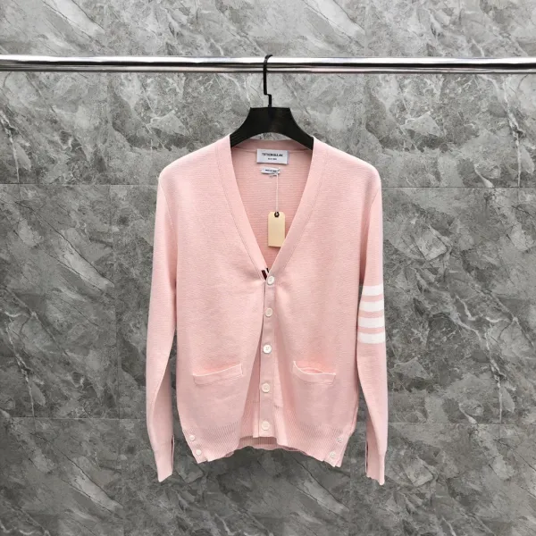 Thom Browne Pink V-Neck Cardigan with Four-Bar Stripe Sleeve - 1
