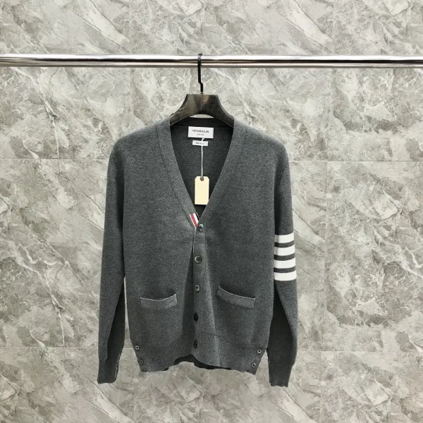 Thom Browne 4-Bar Stripe Gray V-Neck Cardigan - 1