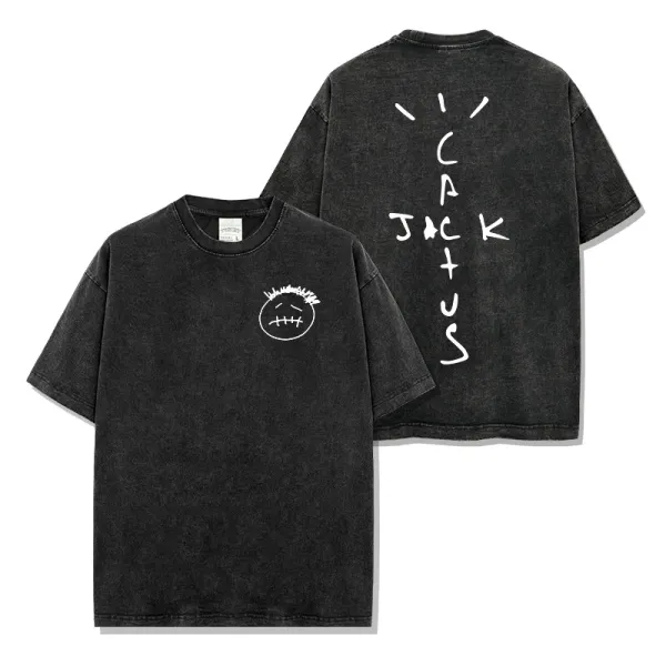 Cactus Jack Smiley Face Acid Wash Black T-Shirt - 1