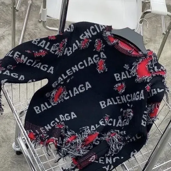 Balenciaga Logo-Print Distressed Knit Sweater Black with Red Floral Embellishments - 3