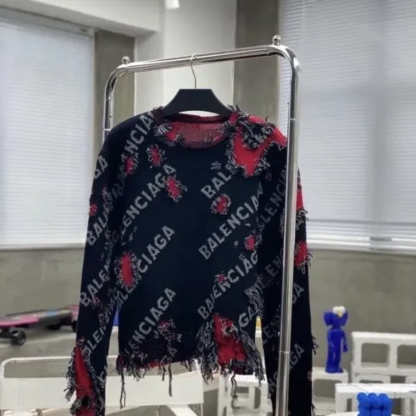 Balenciaga Logo-Print Distressed Knit Sweater Black with Red Floral Embellishments - 2