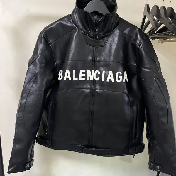 Balenciaga Logo Print Black Leather Motorcycle Jacket - 2
