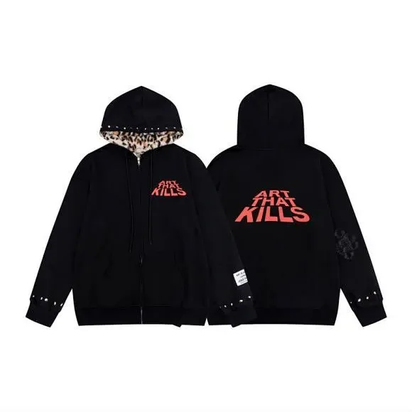 Art That Kills Hoodies & Sweatshirts Zip-Up Hoodie with Leopard-Print Hood Lining and Studded Cuffs product detail image 1