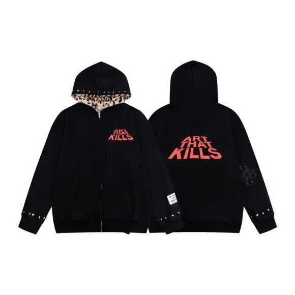 Art That Kills Leopard-Lined Studded Hoodie Black - 1