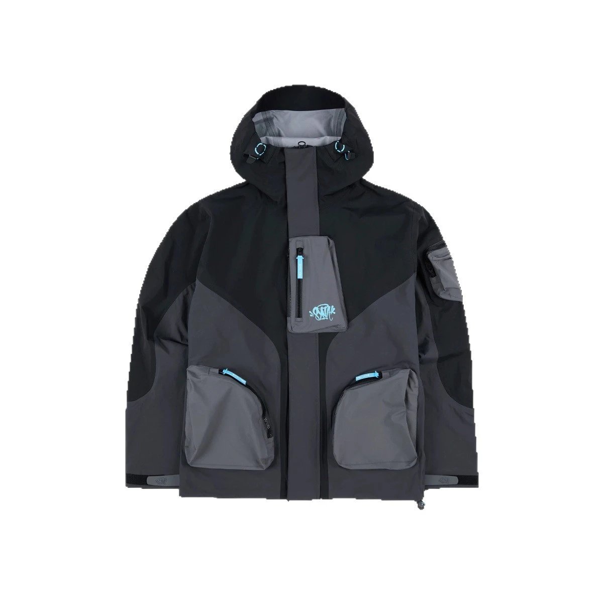 Black and Gray Technical Hooded Jacket with Blue Zippers