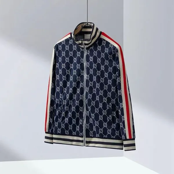 Gucci GG Monogram Track Jacket Navy with Red and Beige Stripes - 2