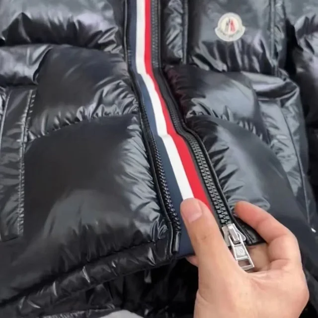 Moncler Down Jackets Shiny hooded puffer jacket with tricolor zip trim product detail image 2