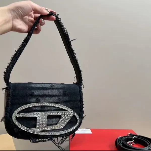 Digital Pionker Crystal Logo Frayed Edge Shoulder Bag Black - 1